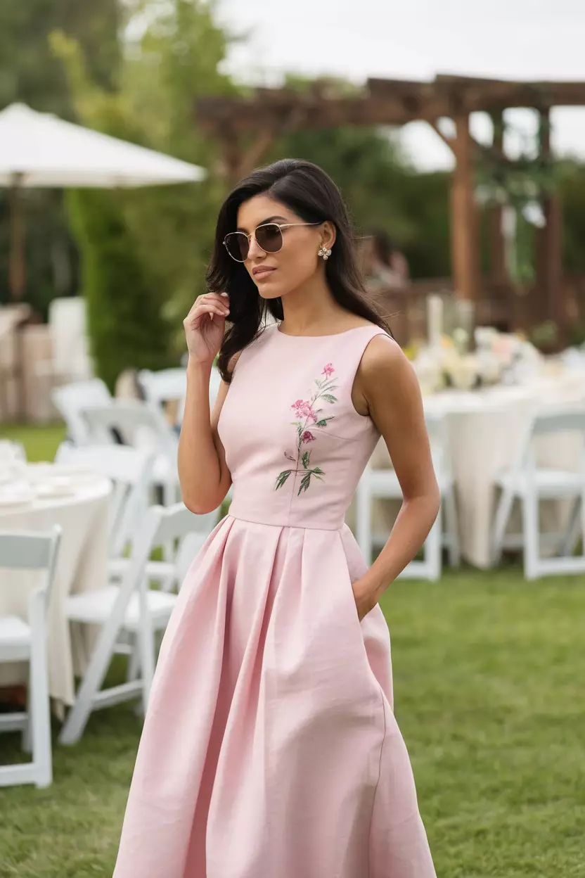 Pink Linen Dress With Floral Decal A beautiful woman in a stylish pink linen dress accented with a simple floral decal, outdoor summer wedding reception.