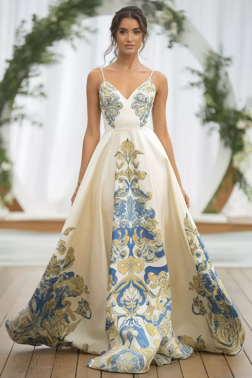 Blue and Yellow Printed Satin Maxi Dress A beautiful bride wearing a sleek satin maxi dress showcasing an intricate blue and yellow print, flowing elegantly to the floor.