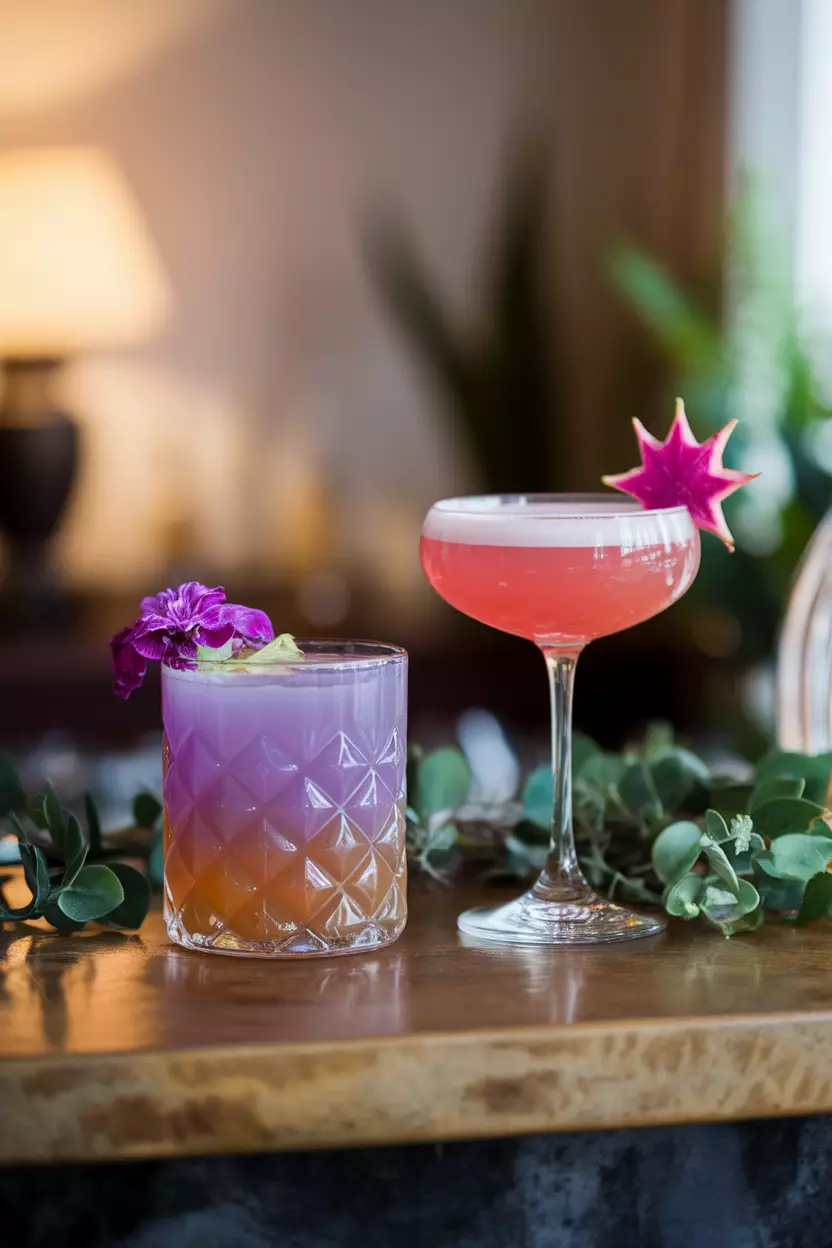 Signature Cocktails A professional photo, similar to a photo in a wedding magazine, of two unique, colorful signature cocktails sitting on a bar top with custom garnishes.