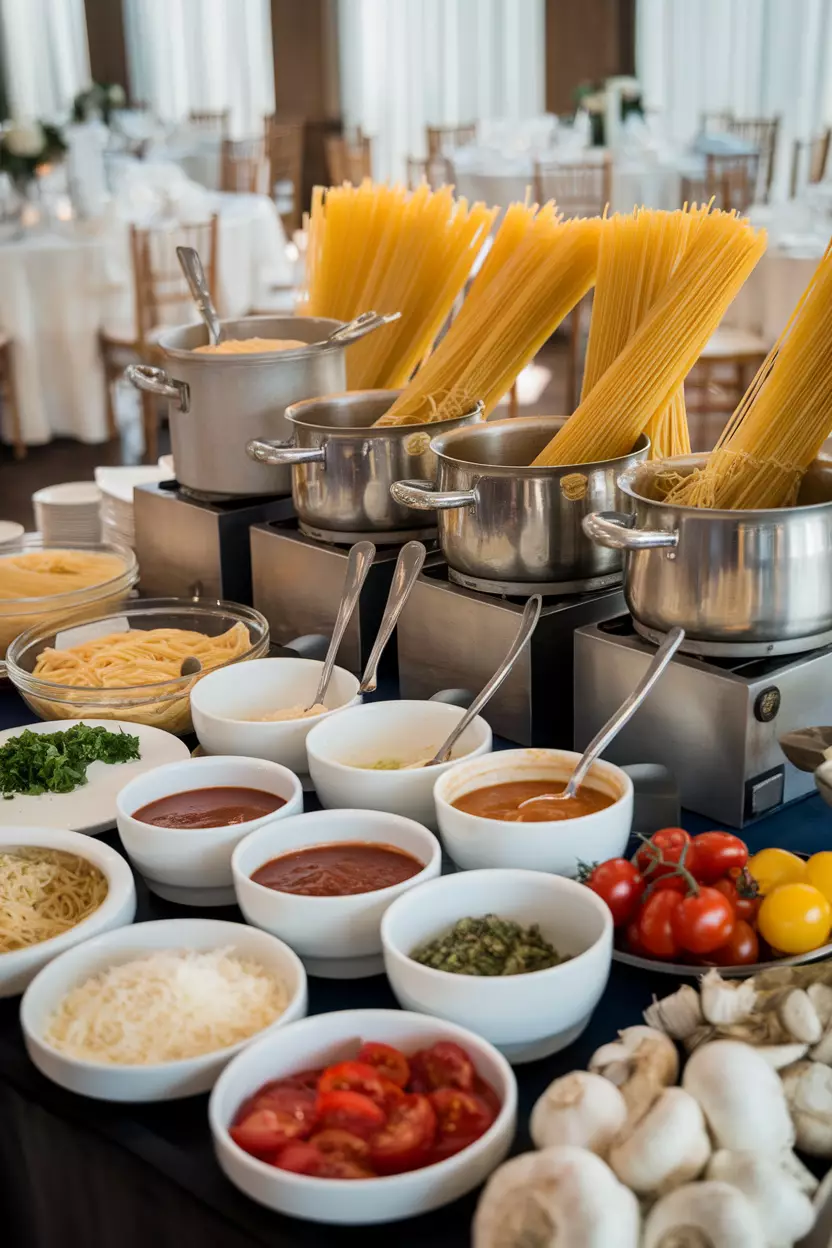 Interactive Food Stations A professional photo, similar to a photo in a wedding magazine, of a build-your-own pasta bar station during a wedding reception.