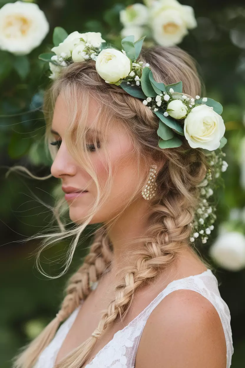 Boho Inspired Braids A beautiful woman with a boho-inspired braids hairstyle, featuring loose, slightly messy braids and soft tendrils for a relaxed summer wedding.