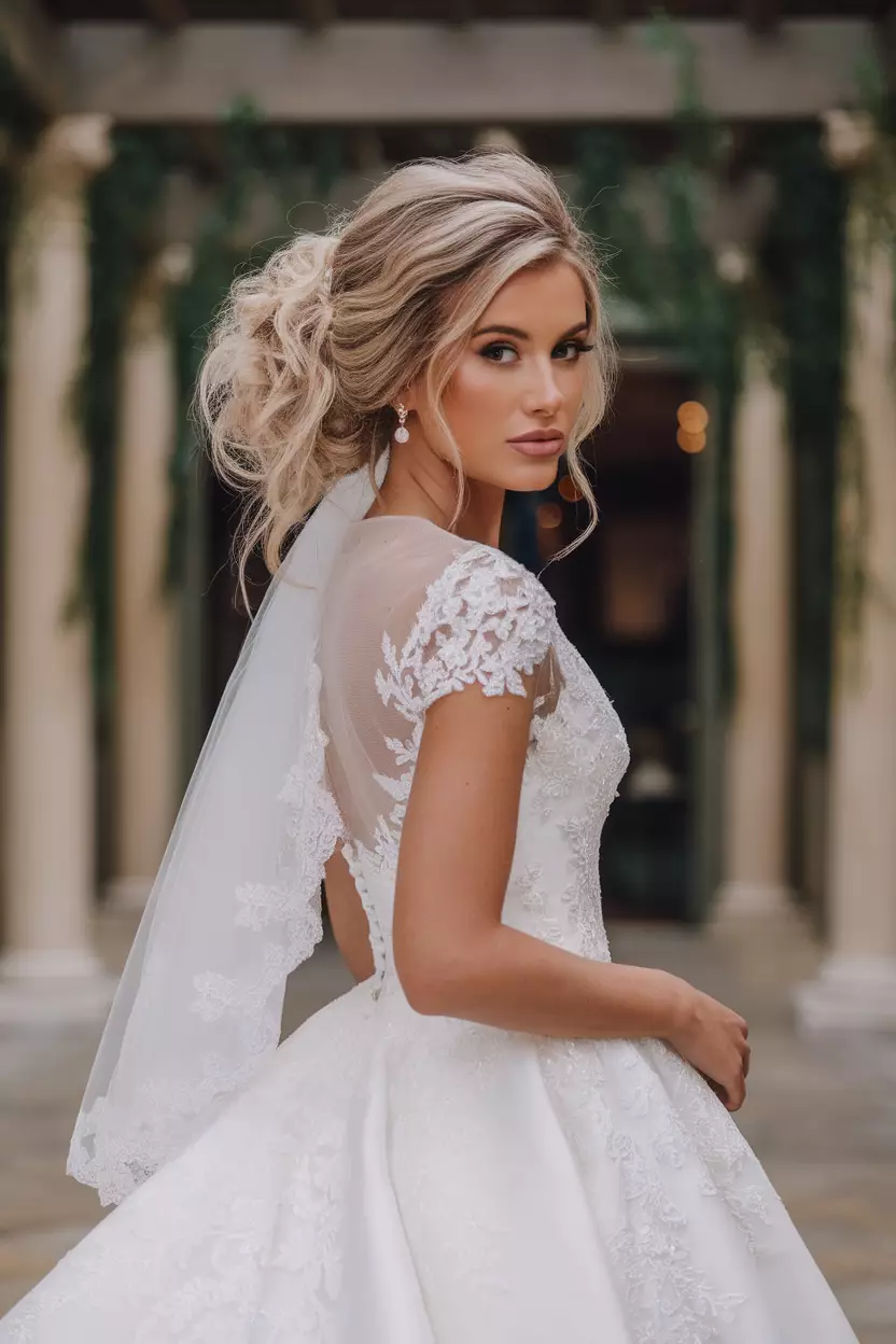 Bridal Messy Updo A beautiful bride with a relaxed bridal messy updo hairstyle.