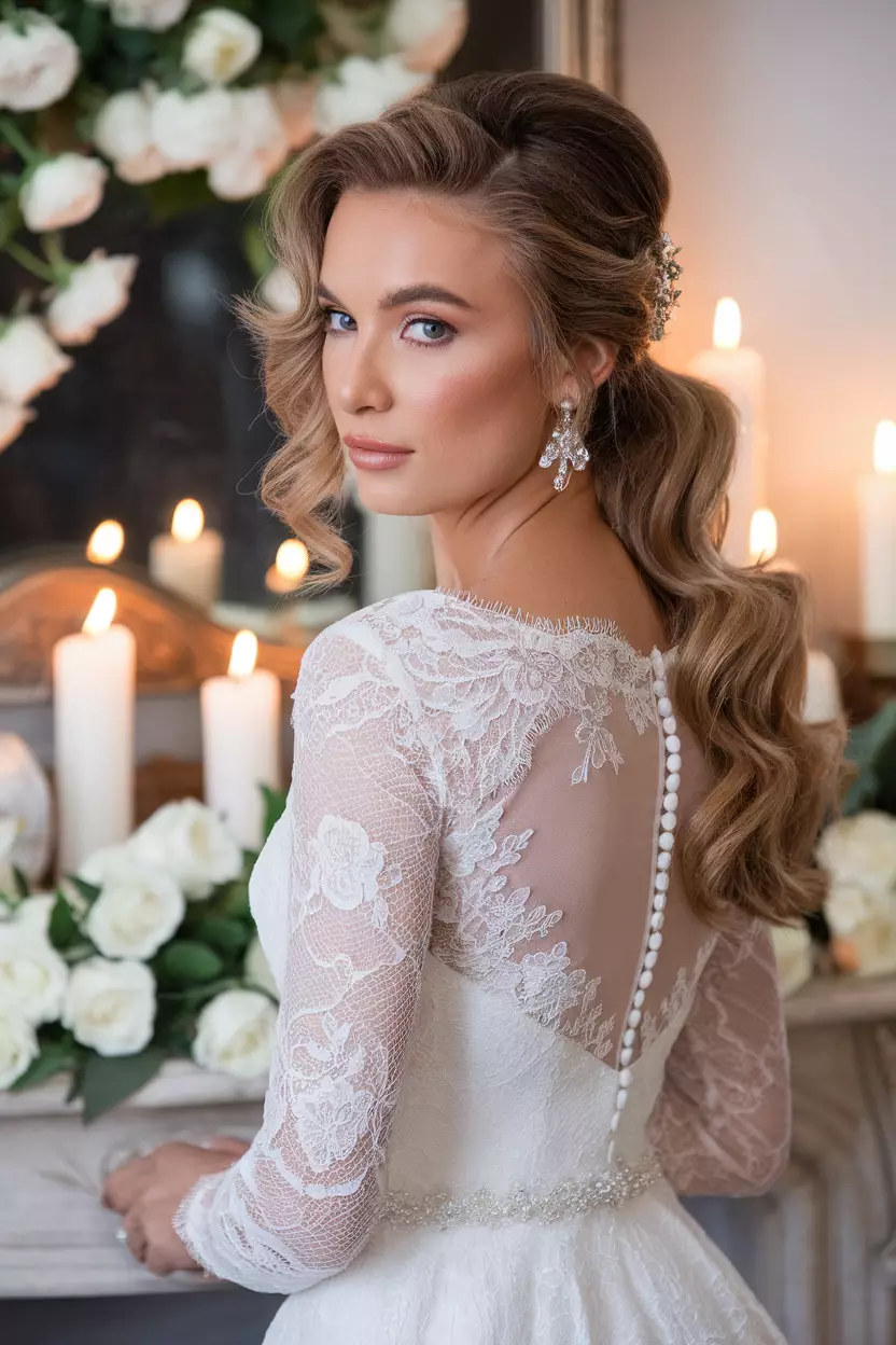 Wavy Bridal Half-Updo A beautiful bride with a wavy bridal half-updo hairstyle.