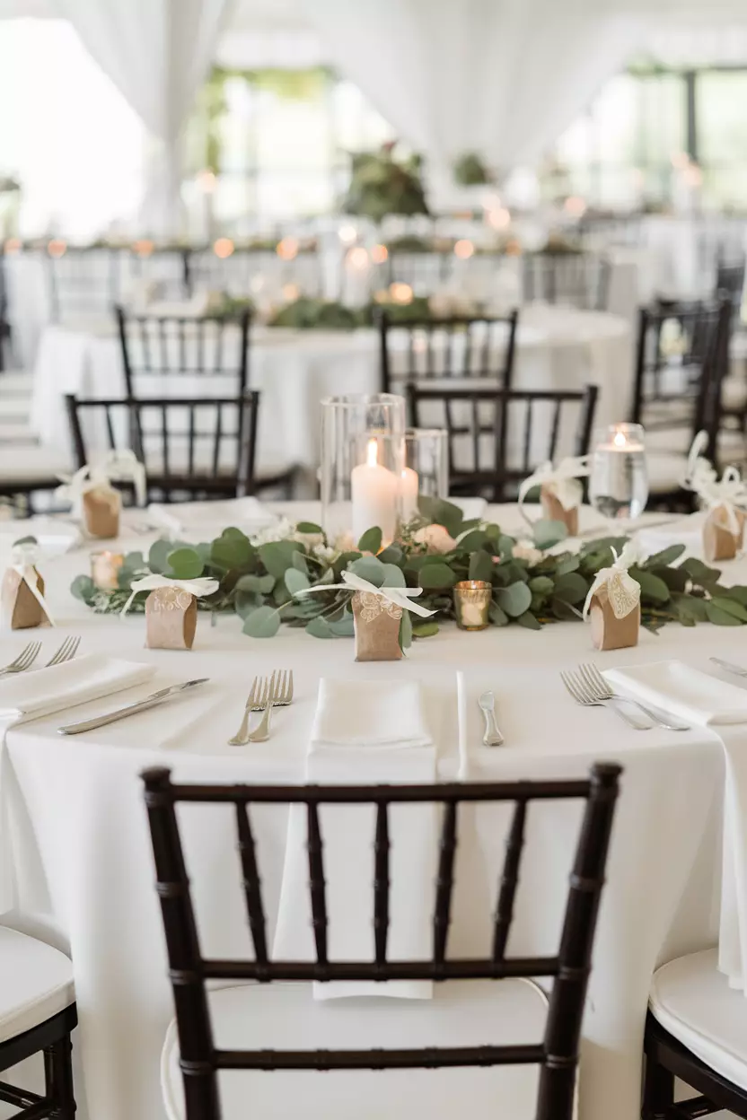 Experiential Or Charitable Favors A professional photo, similar to a photo in a wedding magazine, of small seed packets tied with ribbon placed at each table setting as eco-friendly wedding favors.