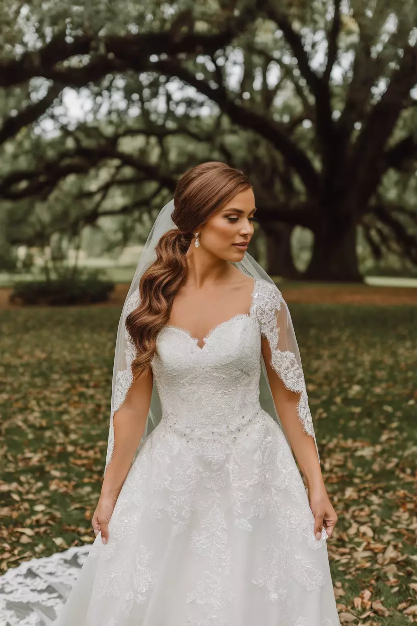 Bridal Side Ponytail A beautiful bride with a chic bridal side ponytail hairstyle.