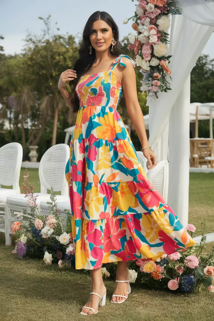 Tiered Floral Sundress A beautiful woman in a stylish tiered floral sundress with bright summer colors, outdoor summer wedding reception.