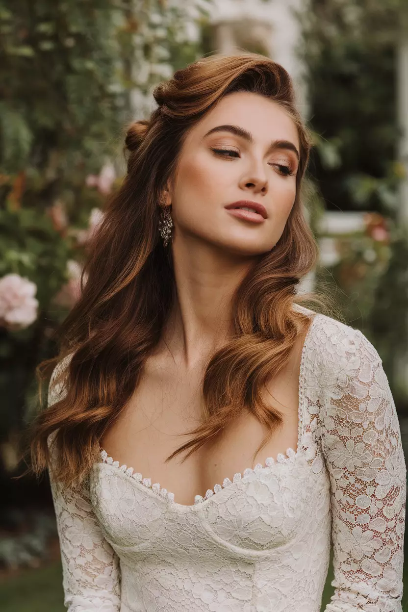Half Up Half Down A beautiful woman with a half-up half-down hairstyle, perfect for a summer wedding.