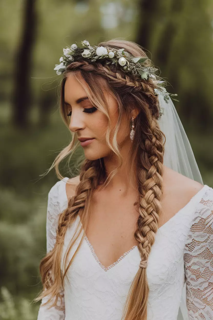 Bridal Halo Braid A beautiful bride with a delicate bridal halo braid hairstyle.