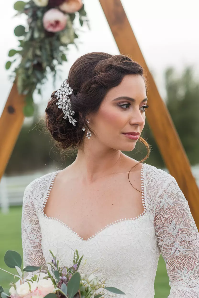 Jeweled Updo A beautiful woman with a jeweled updo hairstyle, at a summer wedding.