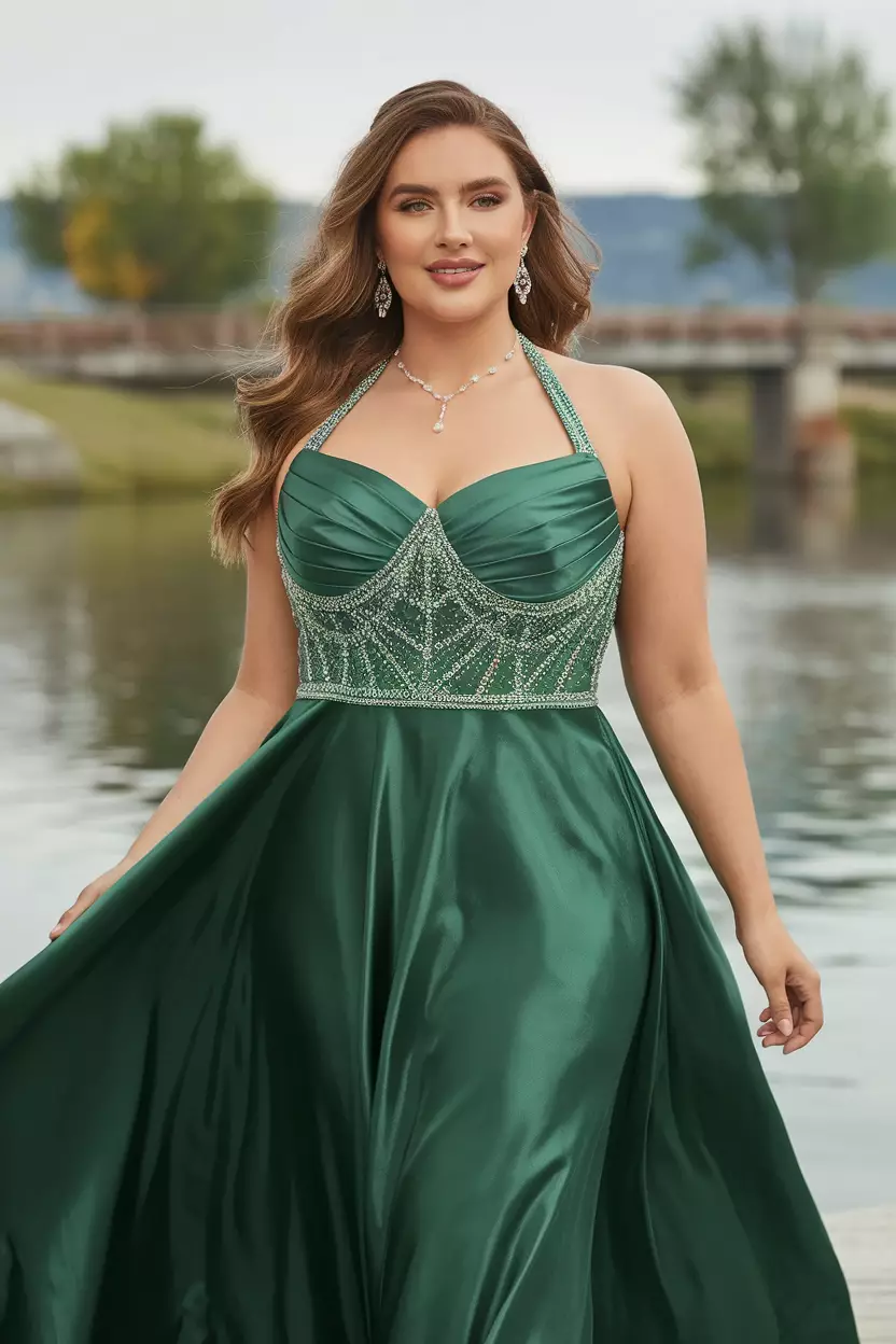 Plus-Size Green Satin Maxi Dress With Halter Neck A beautiful bride wearing a lustrous emerald green satin plus-size maxi dress featuring a flattering halter neck and a flowing silhouette.
