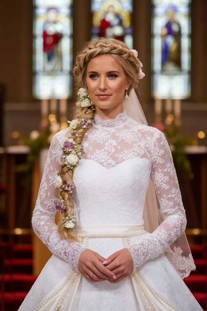 Wedding Braid With Flowers A beautiful bride with a wedding braid hairstyle adorned with flowers.