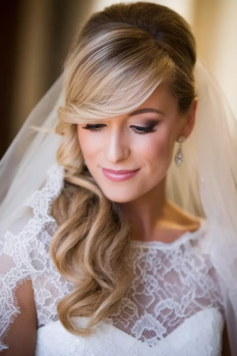 Wedding Hairstyles With A Fringe A beautiful bride with a wedding hairstyle featuring a prominent fringe.