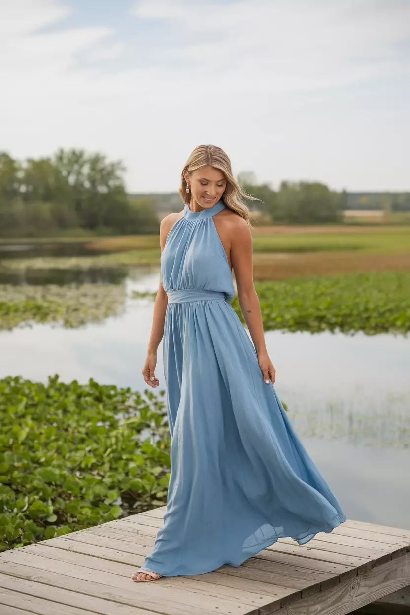 Blue Linen Maxi Dress With Halter Neck A beautiful bride wearing a flowing blue linen maxi dress with a sophisticated halter neckline, cinched gently at the waist.