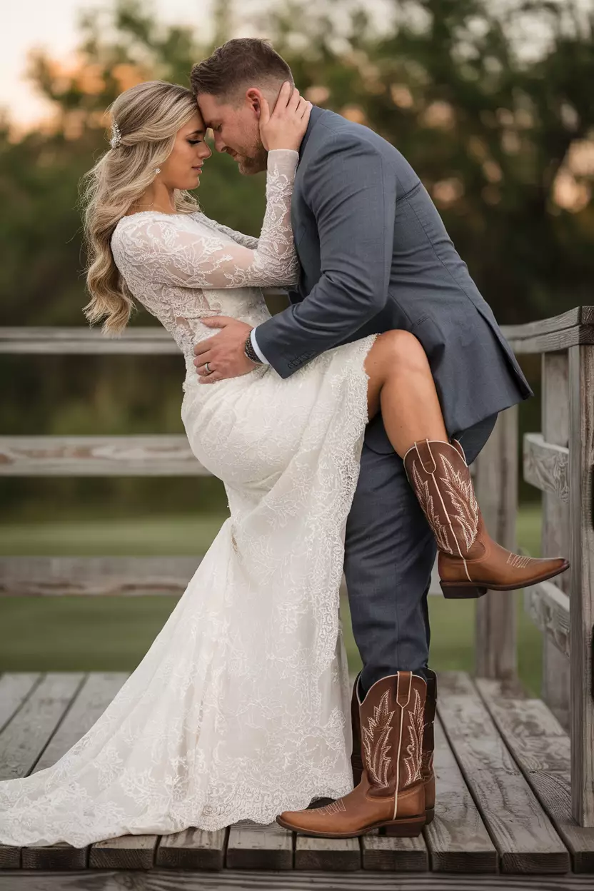 Cowboy Boots For The Couple A professional photo, similar to a photo in a wedding magazine, of a bride in a white lace dress and groom in a suit, showing off their matching brown leather cowboy boots.
