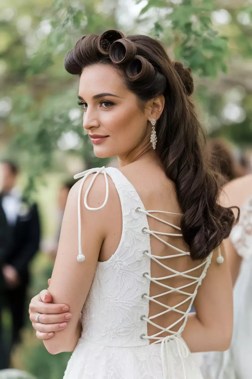 Pinned Curls A beautiful woman with a pinned curls hairstyle, suitable for a summer wedding guest.