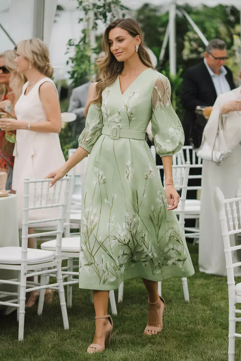 Green Linen Midi Dress With Botanical Print A beautiful woman in a stylish green linen midi dress featuring a delicate botanical print, outdoor summer wedding reception.