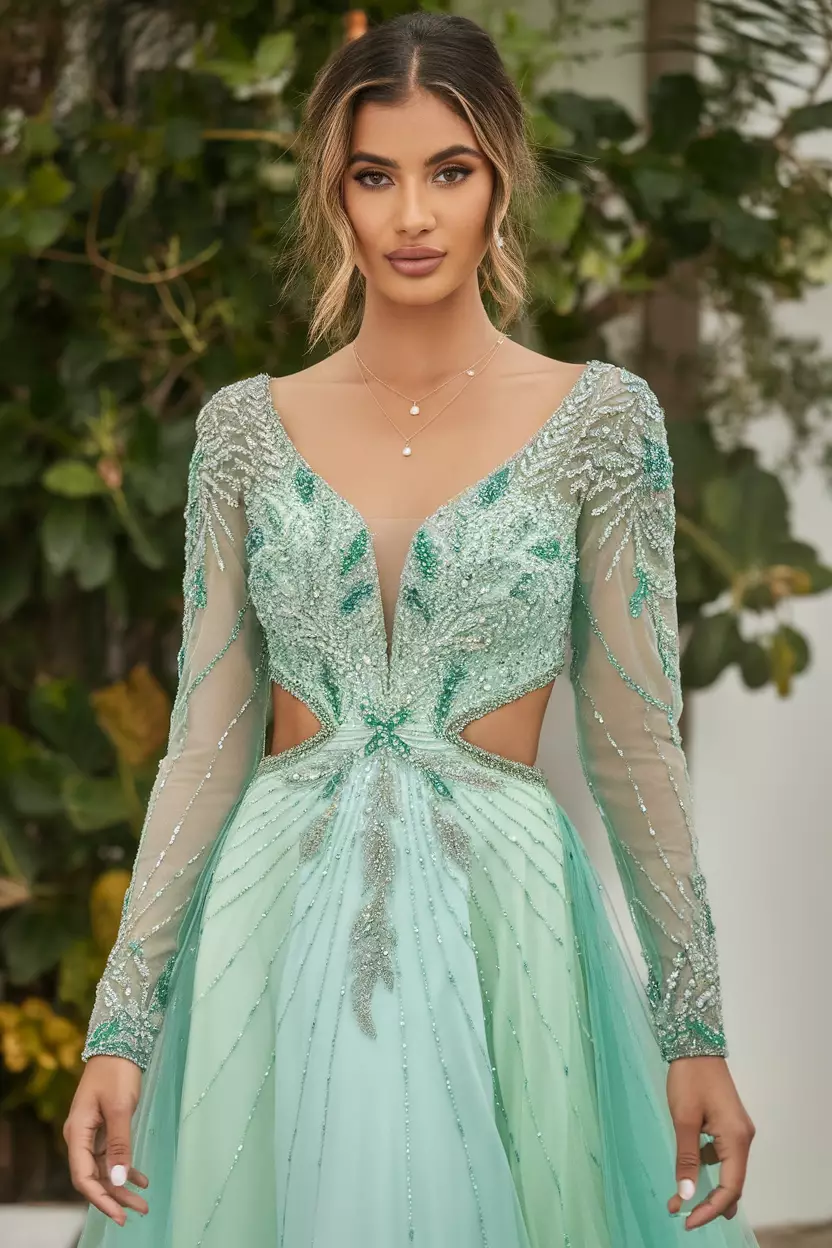 Turquoise and Green Long Sleeve Dress With Side Cutouts A beautiful bride wearing a striking turquoise and green long-sleeve maxi dress featuring tasteful side cutouts at the waist.
