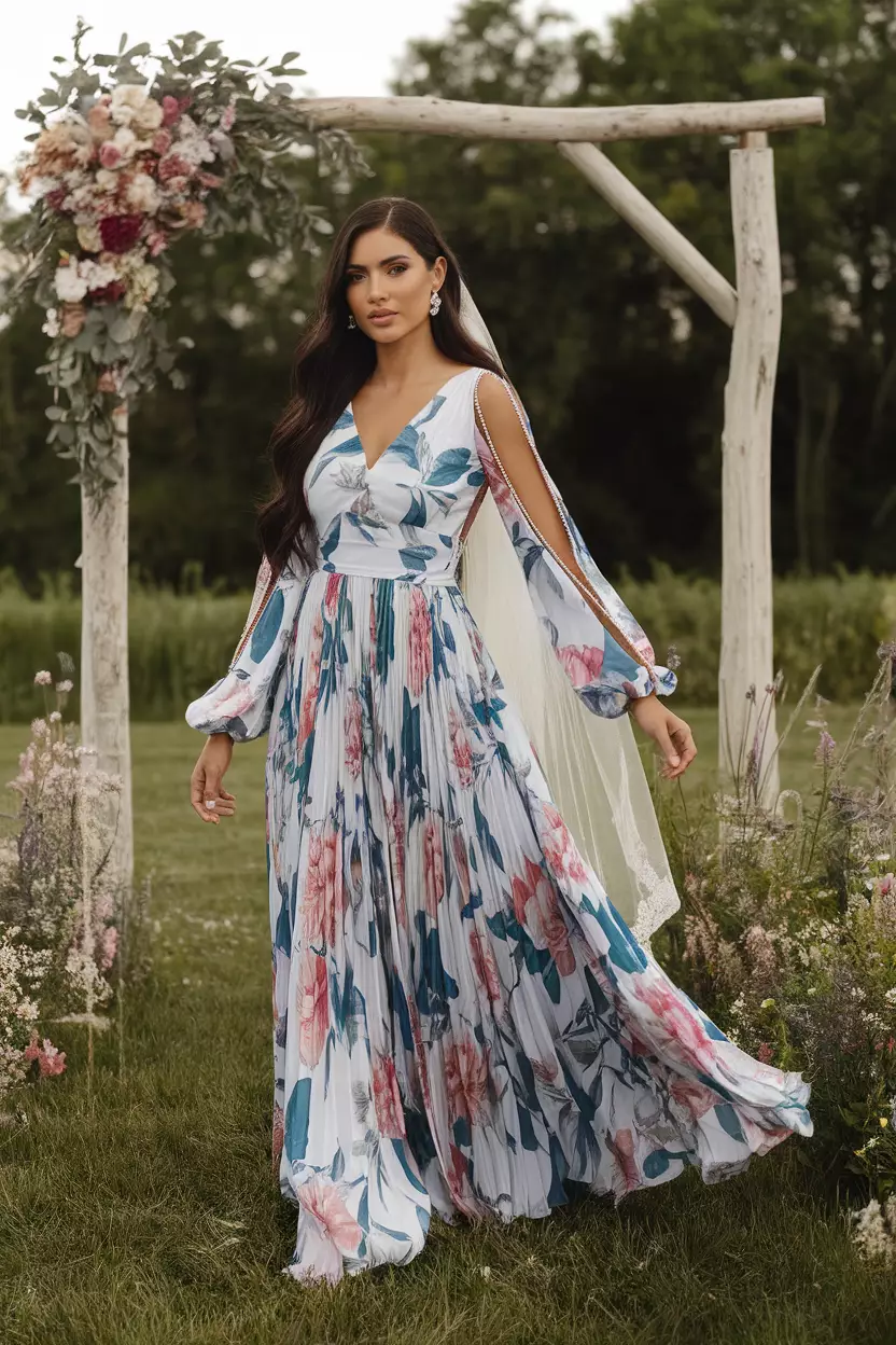 Pleated Floral Maxi Dress With Cutout Sleeves A beautiful bride wearing a pleated floral maxi dress with unique cutout details on the long sleeves, adding a modern touch.