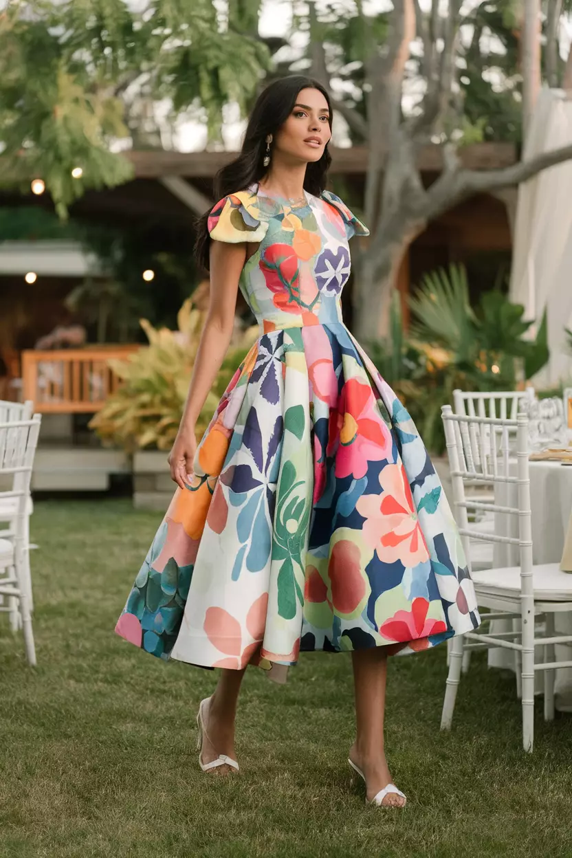 Colorful Midi Dress With Collage Print A beautiful woman in a stylish colorful midi dress showcasing a unique collage print, outdoor summer wedding reception.