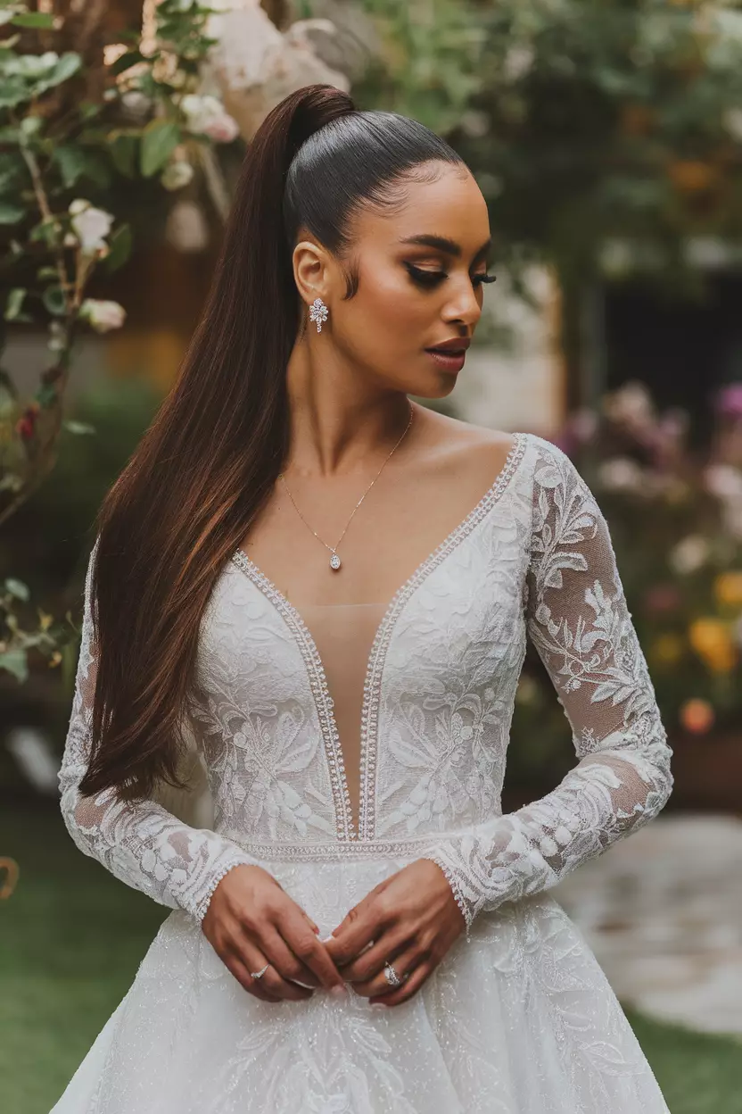 Sleek Ponytail A beautiful bride with a modern sleek ponytail hairstyle.