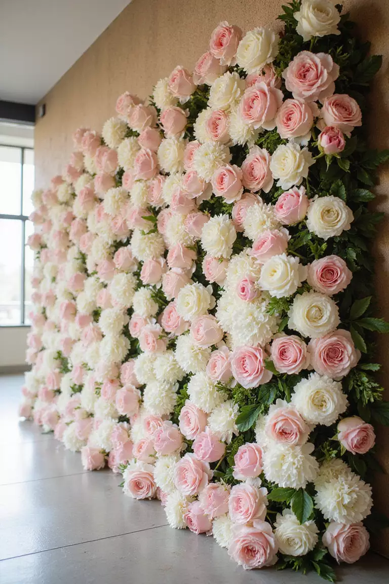 Flower Wall A professional photo, similar to a photo in a wedding magazine, of a lush wall covered entirely in pink, white, and cream roses and peonies, softly lit from the side.