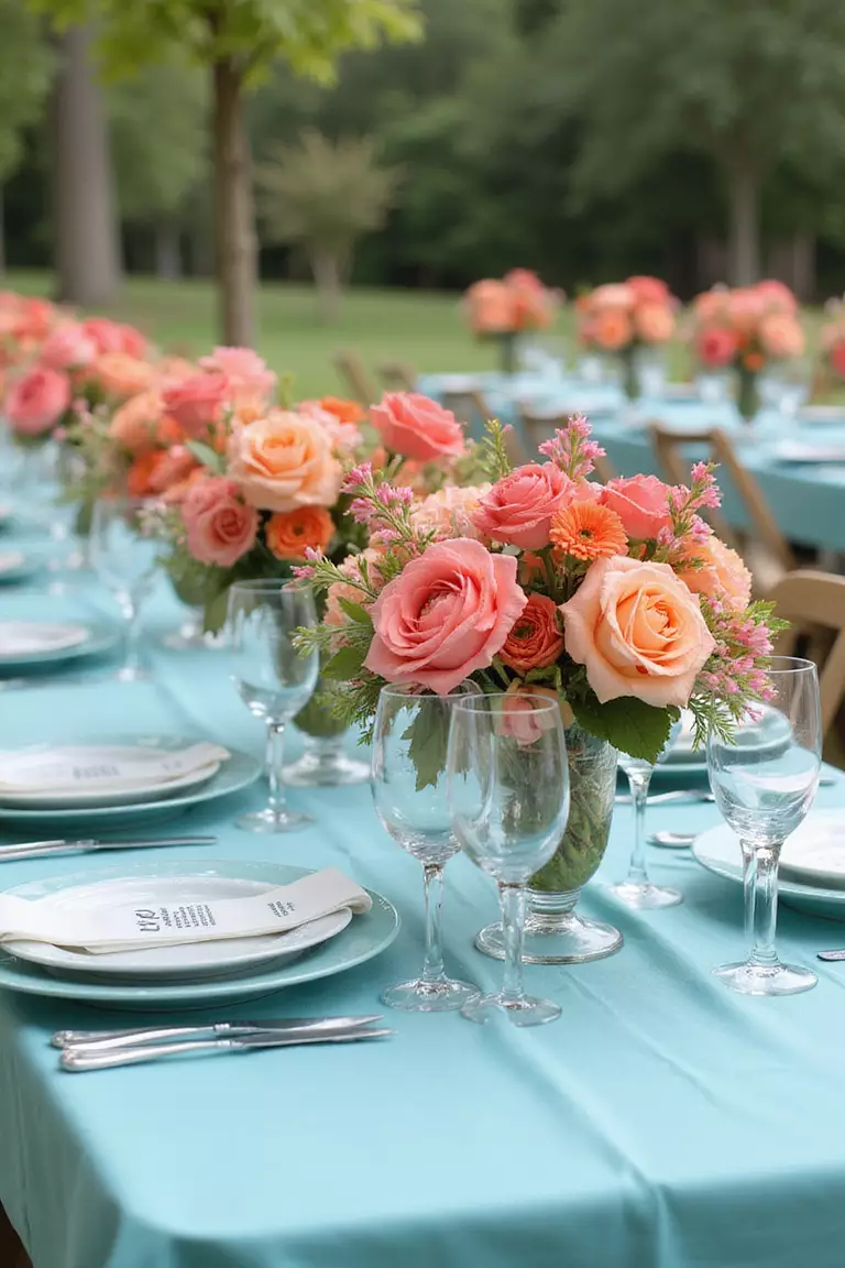 Aqua Blue And Bright Coral A professional photo, similar to a photo in a wedding magazine, of aqua blue table linens topped with bright coral floral centerpieces. Clear glassware catches the sunlight.