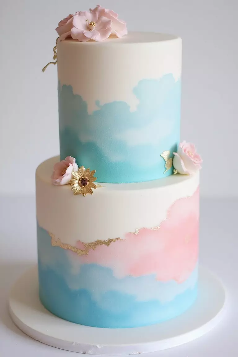 Watercolor Dream Cake A professional photo, similar to a photo in a wedding magazine, of a smooth fondant cake painted with soft, blended watercolor strokes in pastel blue, pink, and gold.