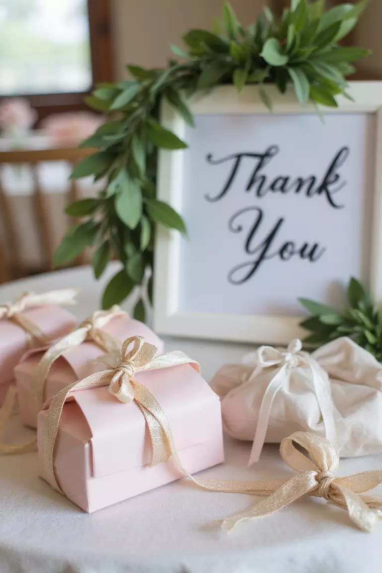 Pretty Favors Display A professional photo, similar to a photo in a wedding magazine, of small favor boxes wrapped with ribbon, stacked neatly on a table next to a
