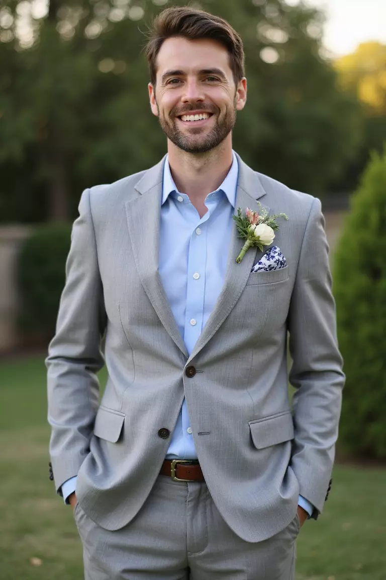 Lightweight Gray Suit A professional photo, similar to a photo in a wedding magazine, of a man wearing a light gray summer-weight wool suit with a pale blue shirt and floral pocket square at an evening garden wedding.