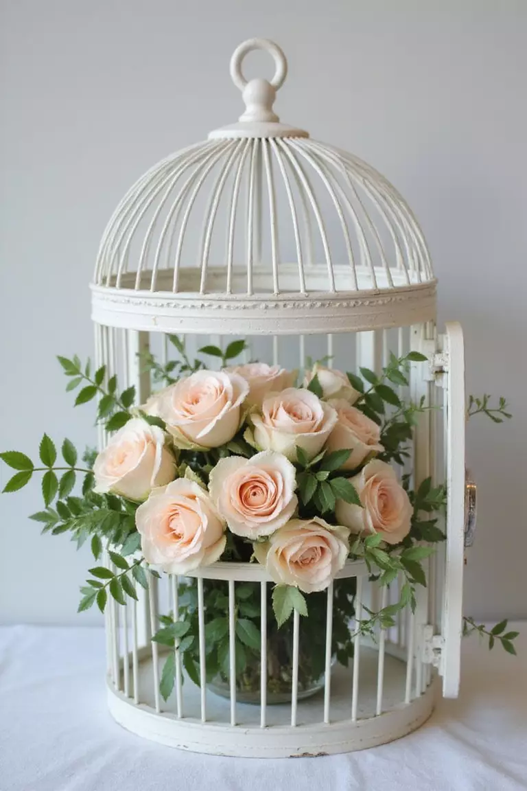 Birdcage Blooms A professional photo, similar to a photo in a wedding magazine, of a white vintage-style birdcage with its door open, filled with overflowing pastel roses and ivy vines.