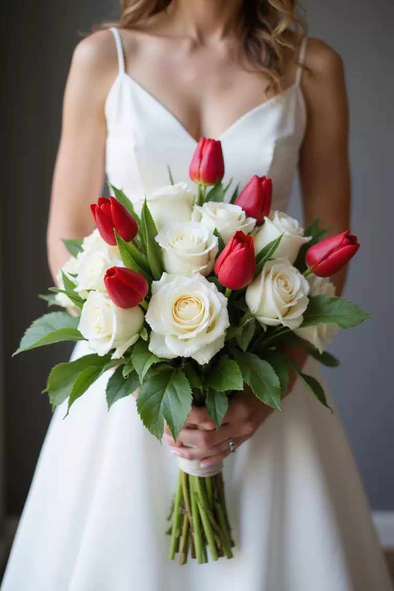 Tulips And Roses A professional photo, similar to a photo in a wedding magazine, of a bride holding a sophisticated bouquet blending elegant white roses with classic red tulips.