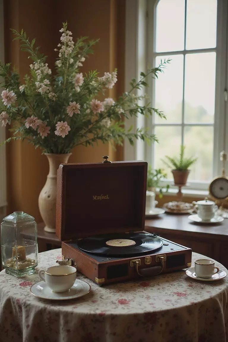 Include Background Music A professional photo, similar to a photo in a wedding magazine, of a vintage record player playing softly in the corner of a room decorated for a tea party, creating a relaxed ambiance. No text on the image.