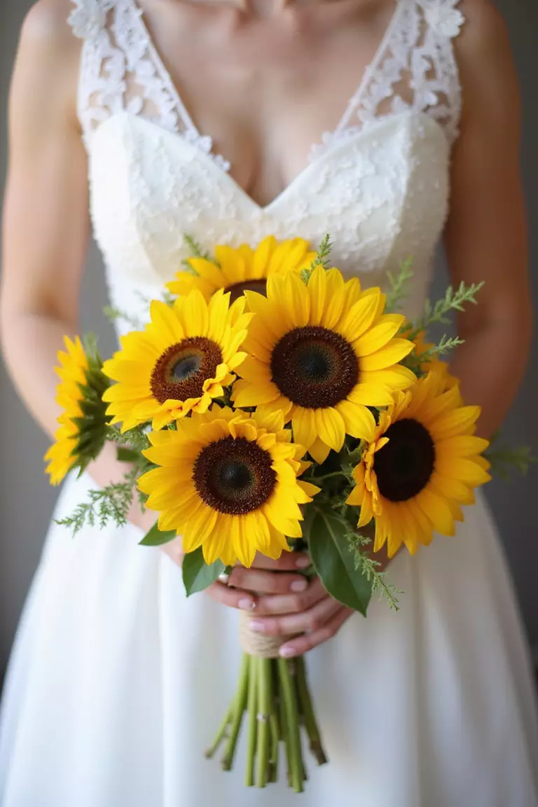 Sunflower Simplicity A professional photo, similar to a photo in a wedding magazine, of a bride holding a bunch of bright, happy sunflowers with minimal greenery, tied simply with twine.