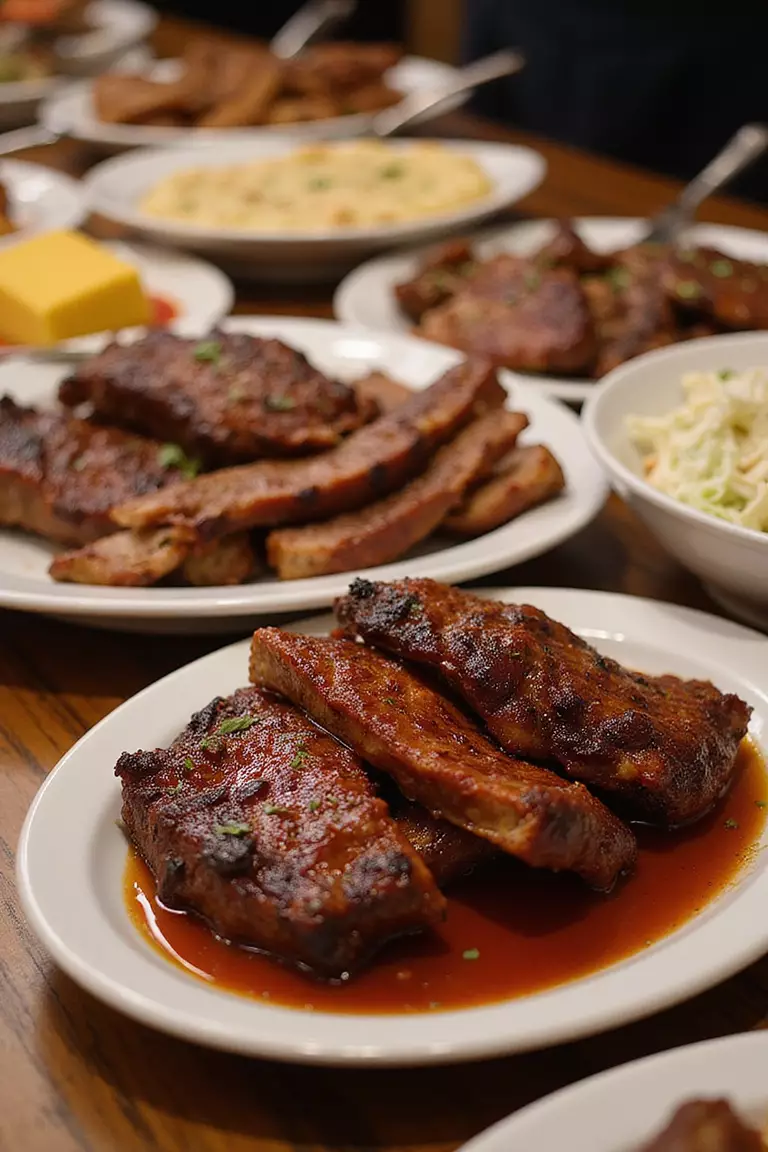 Hearty BBQ Feast A professional photo, similar to a photo in a wedding magazine, of a buffet table laden with BBQ ribs, brisket, cornbread, and coleslaw in serving dishes.