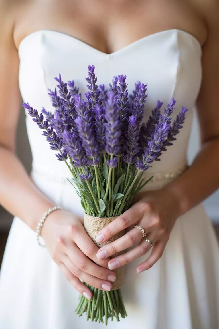 Lavender Bliss A professional photo, similar to a photo in a wedding magazine, of a bride holding a simple, fragrant bouquet made primarily of fresh lavender sprigs, tied with a rustic burlap ribbon.