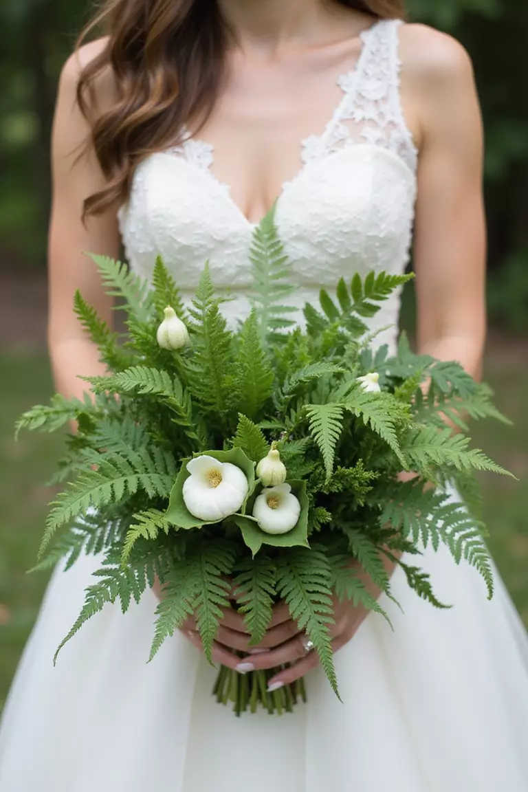 Woodland Fern Gathering A professional photo, similar to a photo in a wedding magazine, of a bride holding a green-heavy bouquet dominated by different types of ferns with white trillium and jack-in-the-pulpit accents.