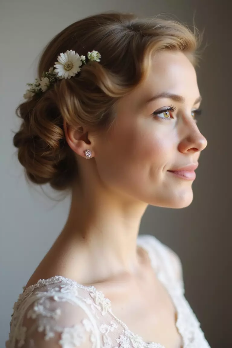 Retro Hairstyle A professional photo, similar to a photo in a wedding magazine, of a bride with soft 1940s victory rolls hairstyle, accented with small white flowers.