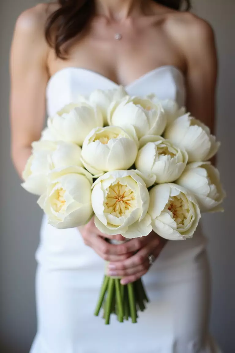Double Tulips A professional photo, similar to a photo in a wedding magazine, of a bride holding a full, rounded bouquet of lush, creamy white double tulips that resemble peonies.