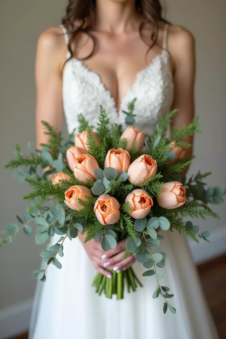 Tulips With Greenery A professional photo, similar to a photo in a wedding magazine, of a bride holding a loose, natural bouquet mixing peach tulips with sprigs of eucalyptus and ferns.
