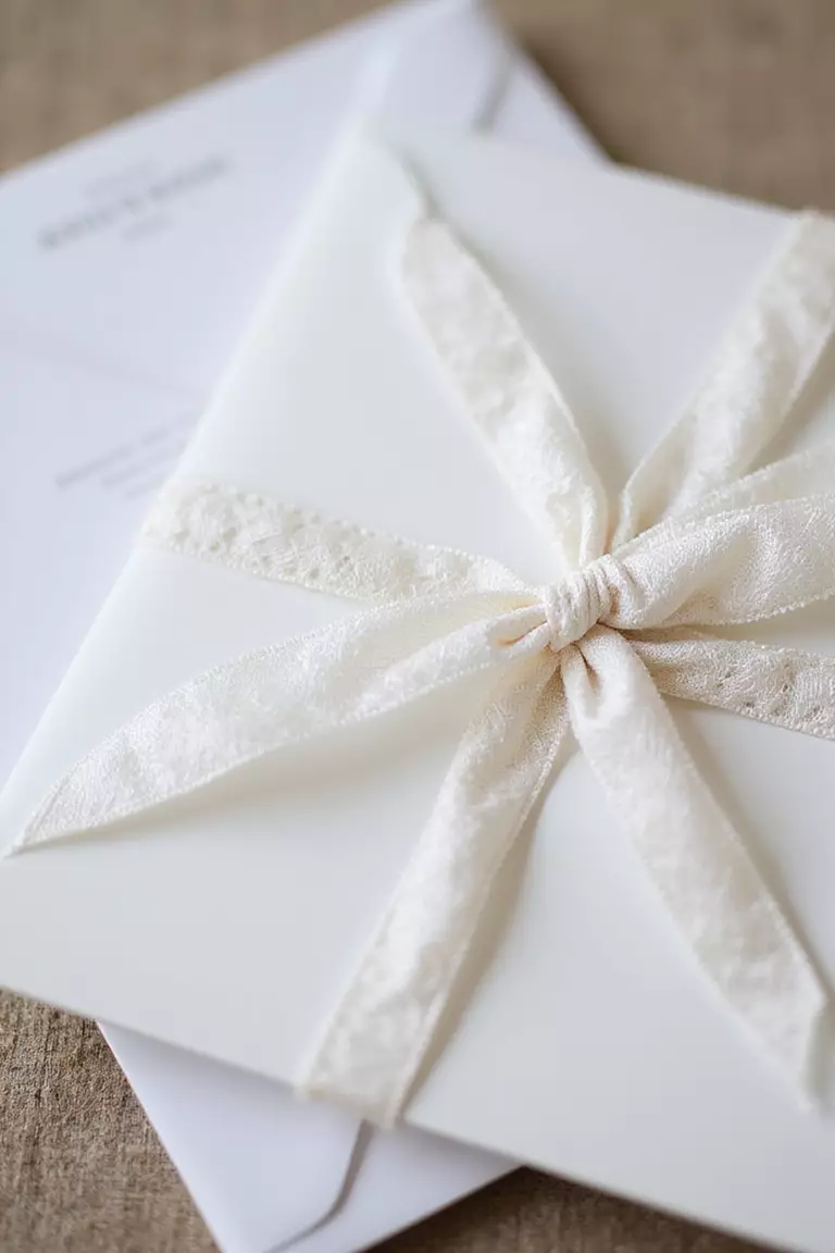Lace Details A professional photo, similar to a photo in a wedding magazine, of a close-up on white wedding invitations featuring delicate lace ribbon tied around them.