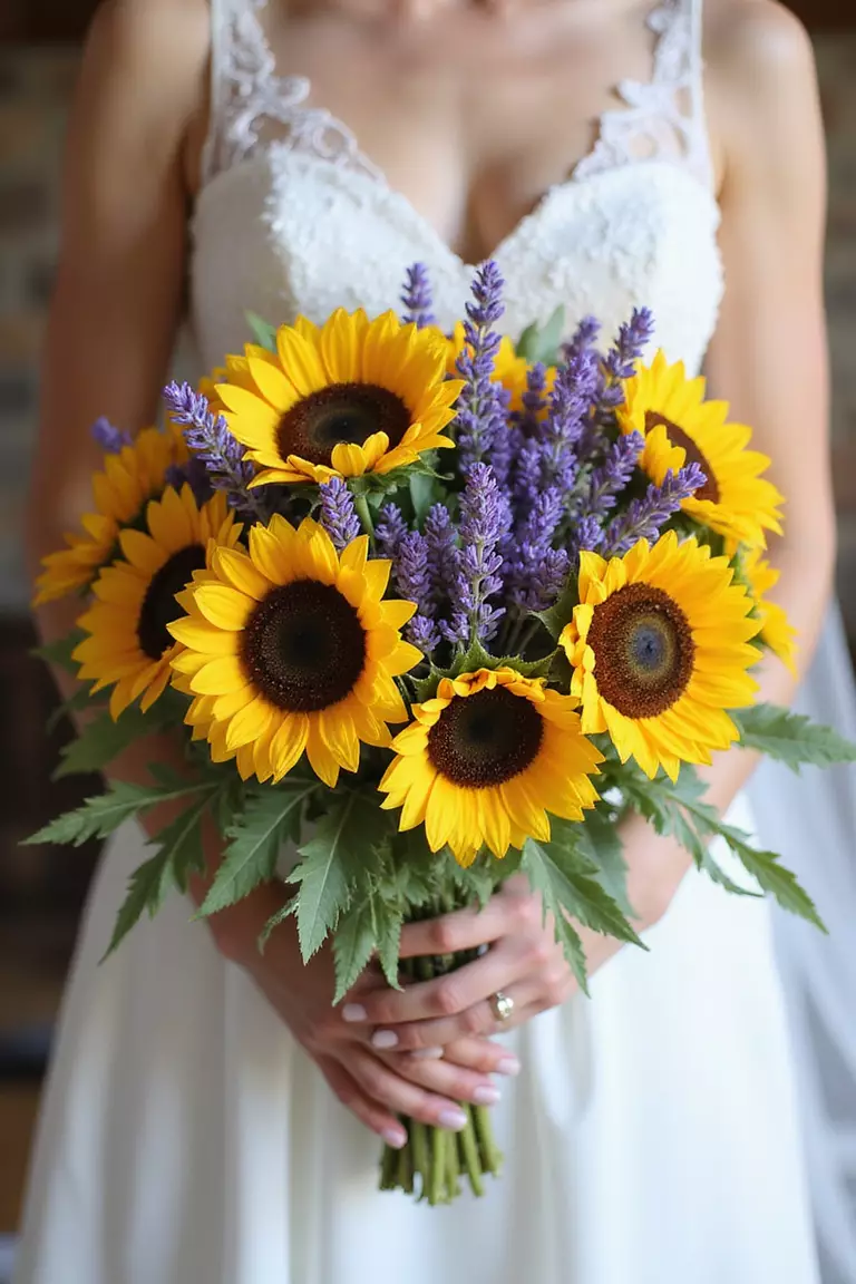 Sunflowers And Lavender A professional photo, similar to a photo in a wedding magazine, of a bride holding a bouquet featuring bright sunflowers contrasted with fragrant purple lavender sprigs, giving a rustic, French countryside vibe.