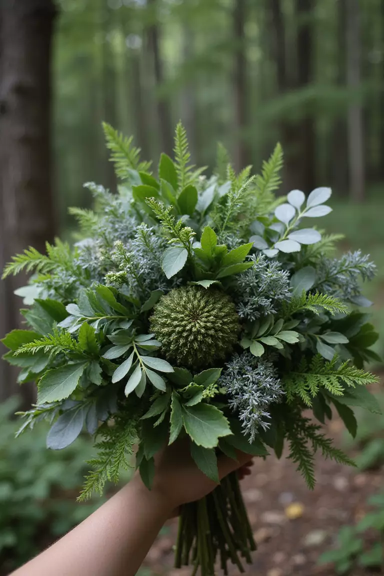 Greenery Galore A professional photo, similar to a photo in a wedding magazine, of a textured bouquet composed mainly of various types of green foliage like eucalyptus, ferns, and ivy. Woodland setting background. No text.