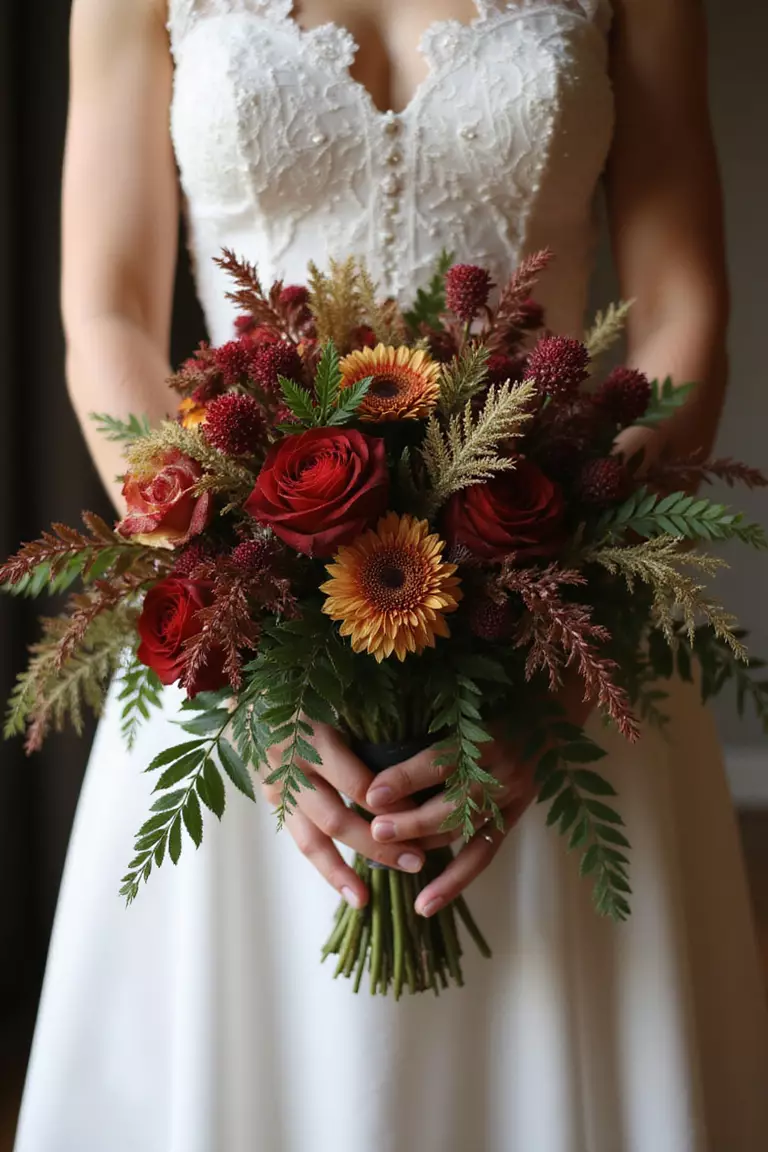 Autumnal Rich Hues A professional photo, similar to a photo in a wedding magazine, of a bride holding a warm, abundant bouquet filled with flowers and foliage in deep autumn colors like burgundy, rust, gold, and forest green.