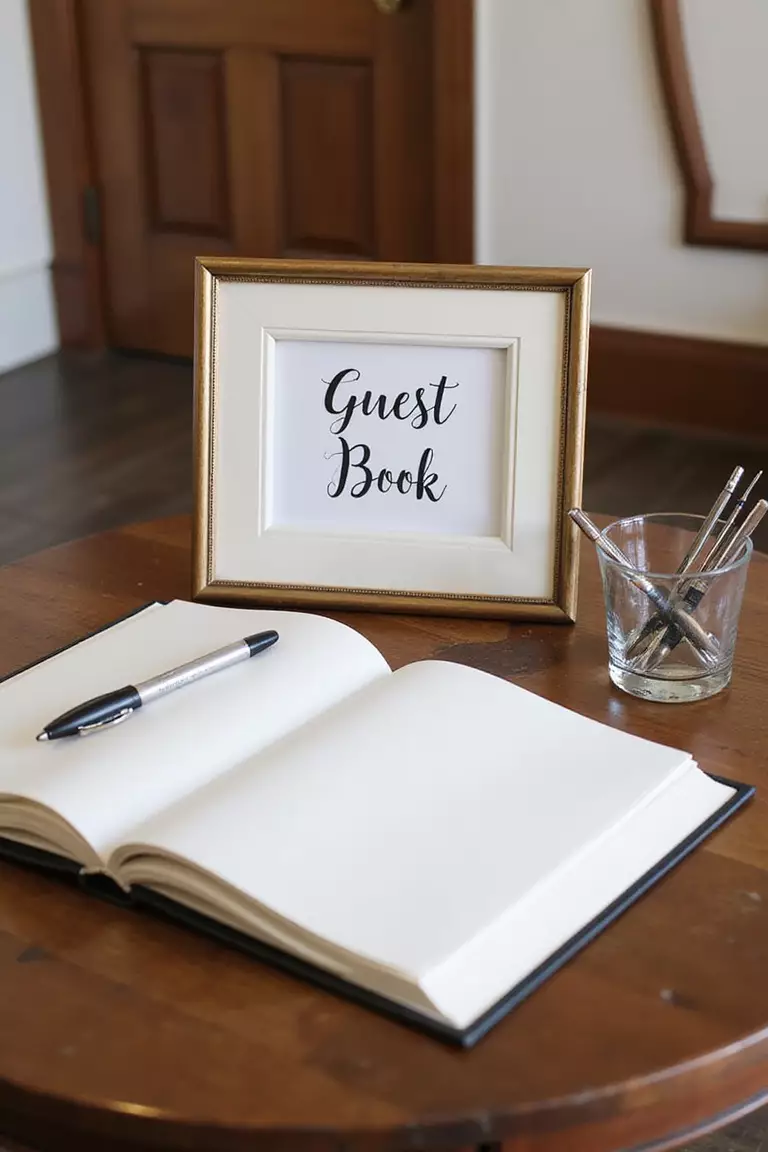 Creative Guest Book Area A professional photo, similar to a photo in a wedding magazine, of a guest book table with a classic guest book, several nice pens, and a framed sign "Guest Book" inviting guests to sign.