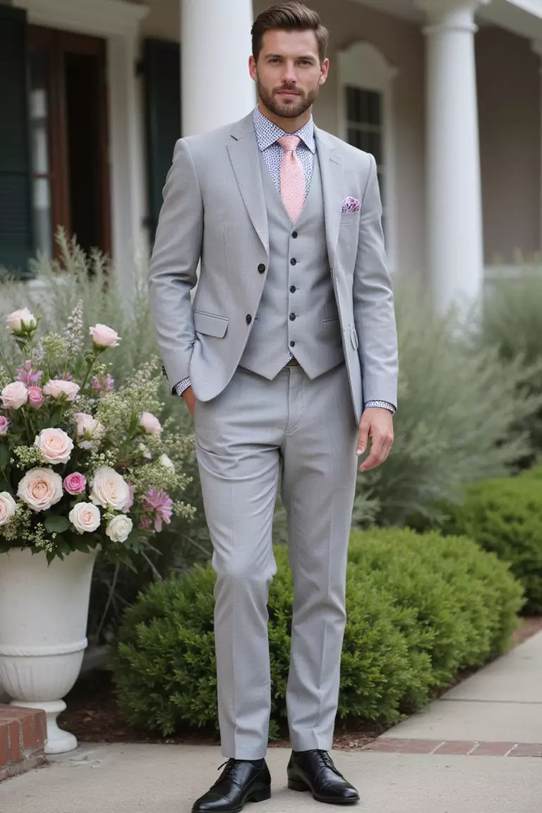 Light Gray Suit A professional photo, similar to a photo in a wedding magazine, of a man wearing a light gray suit with a pastel shirt, patterned tie, and black dress shoes standing near wedding flowers