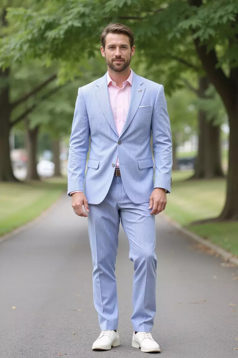 Seersucker Suit A professional photo, similar to a photo in a wedding magazine, of a man wearing a blue and white striped seersucker suit with a light pink shirt and white buck shoes at a daytime summer wedding.