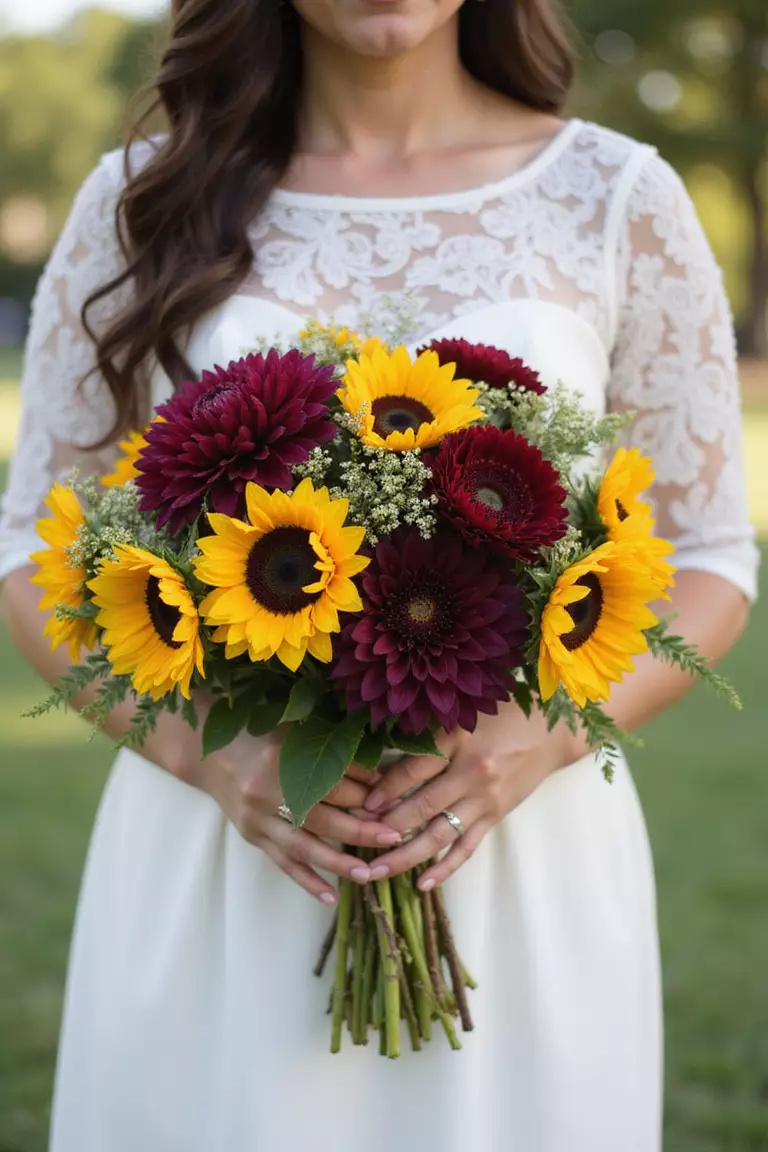 Sunflowers With Jewel Tones A professional photo, similar to a photo in a wedding magazine, of a bride holding a rich bouquet pairing sunflowers with deep jewel-toned flowers like burgundy dahlias or purple anemones.