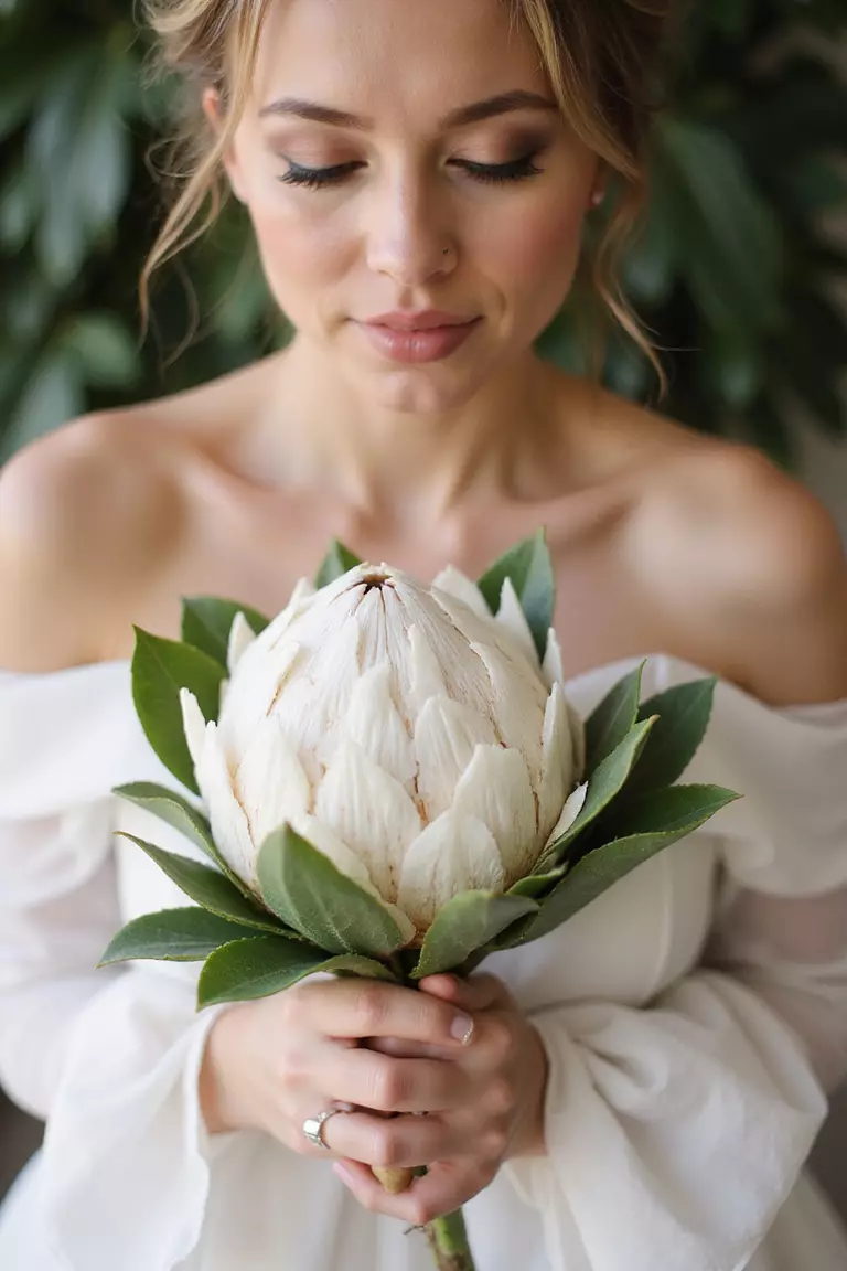 Single Stem Statement A professional photo, similar to a photo in a wedding magazine, of a bride holding a single, large, dramatic King Protea flower with minimal leafy greens, making a bold statement.