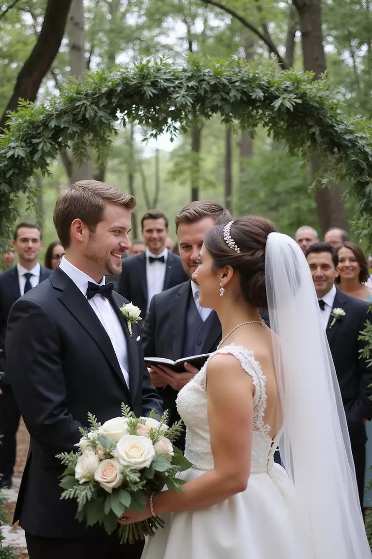 Smaller Guest Lists A professional photo, similar to a photo in a wedding magazine, of an intimate wedding ceremony group of about 20 smiling guests gathered closely around a couple under a simple arch.