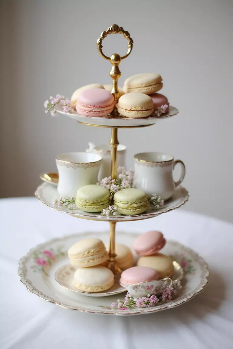 Tea Party Tiered Tray A professional photo, similar to a photo in a wedding magazine, of a three-tiered vintage china tray holding pastel macarons, delicate teacups, and small flower sprigs, set for a tea party.